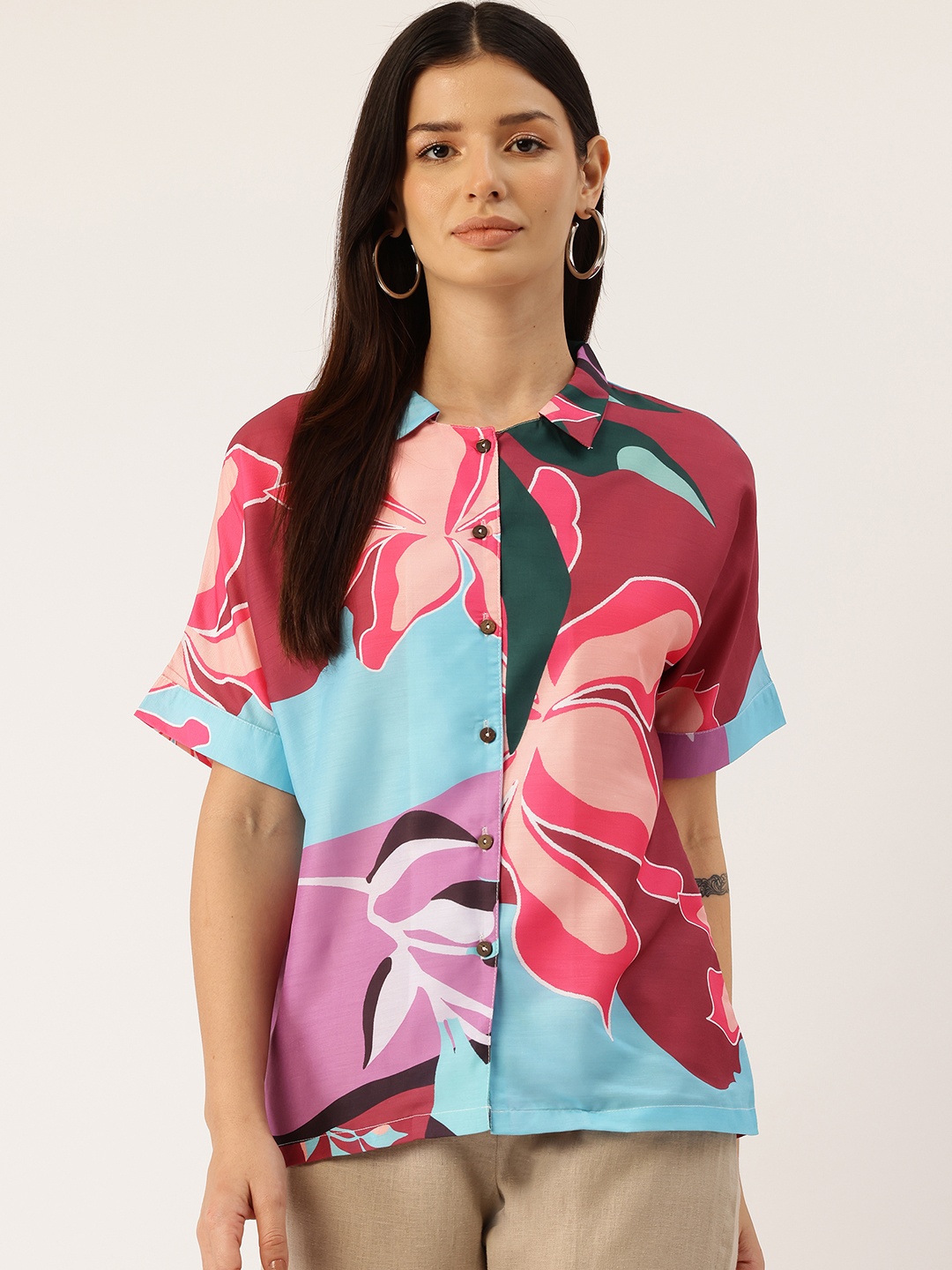 

FERANOID Comfort Floral Printed Casual Shirt, Pink