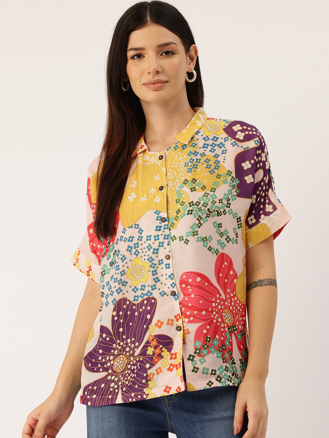 

FERANOID Comfort Floral Printed Casual Shirt, Yellow