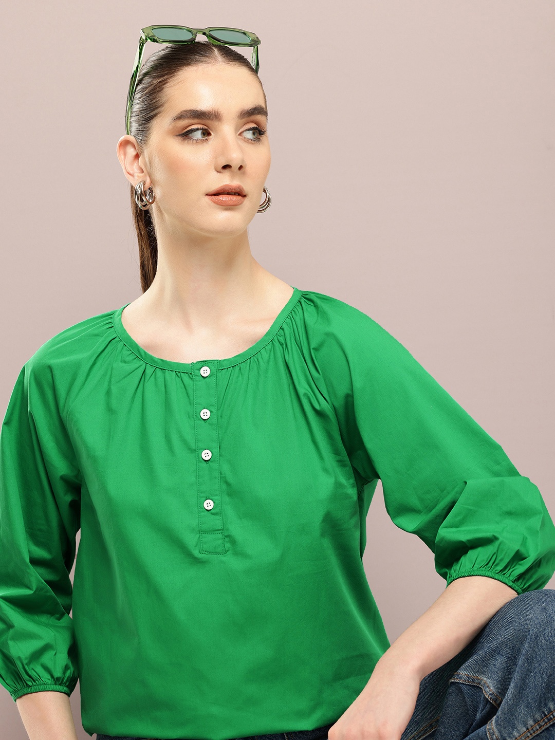 

Kook N Keech Puff Sleeves Pure Cotton Top, Green