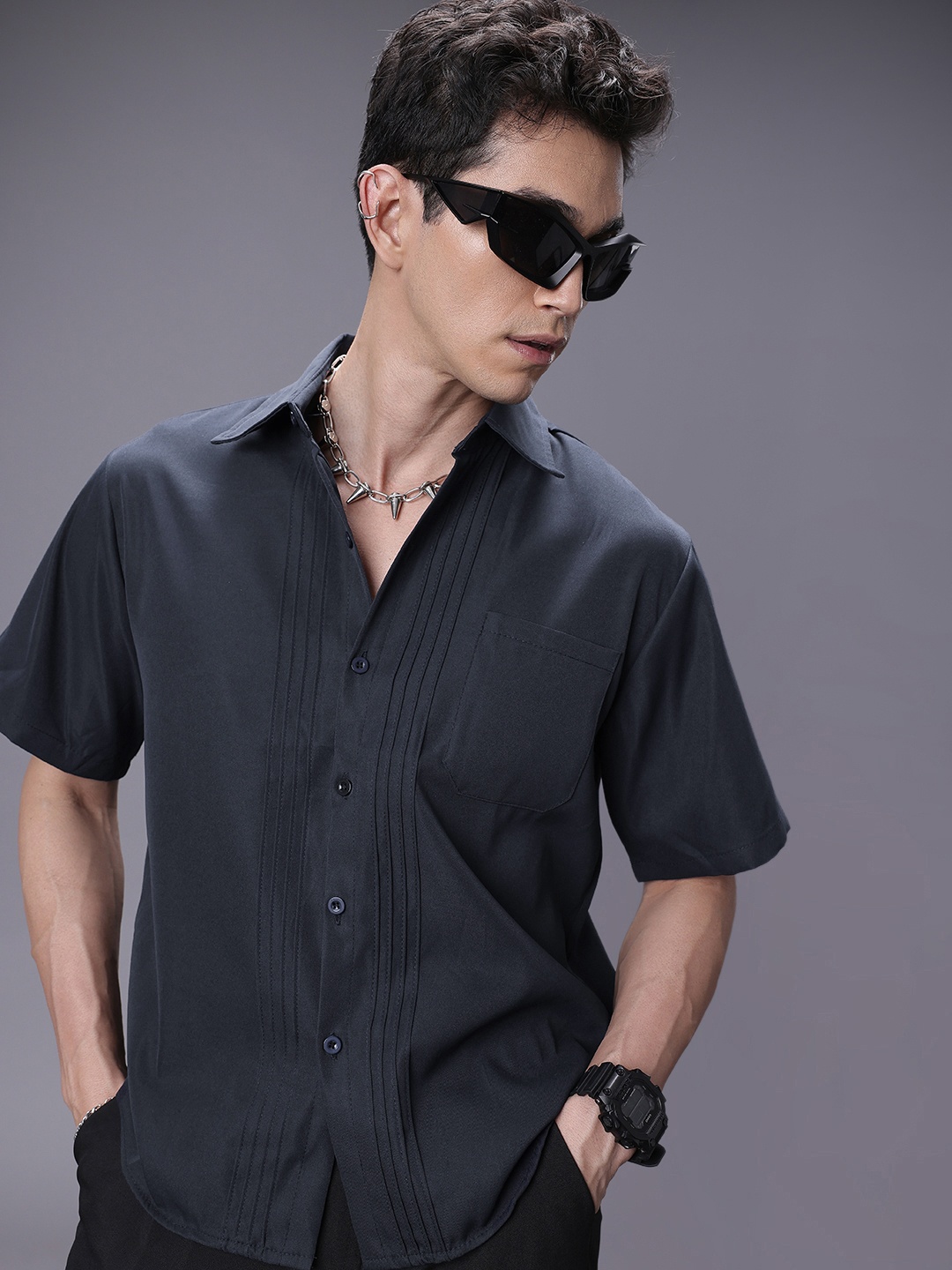 

SOKO STREET Drop-Shoulder Sleeves Relaxed Fit Casual Shirt, Navy blue