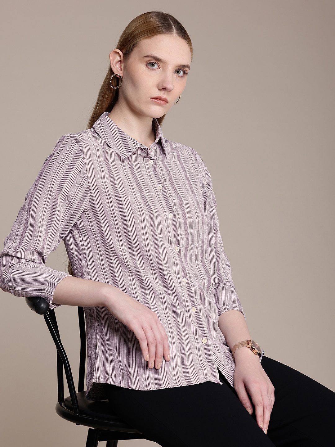 

French Connection Premium Slim Fit Striped Casual Shirt, Mauve