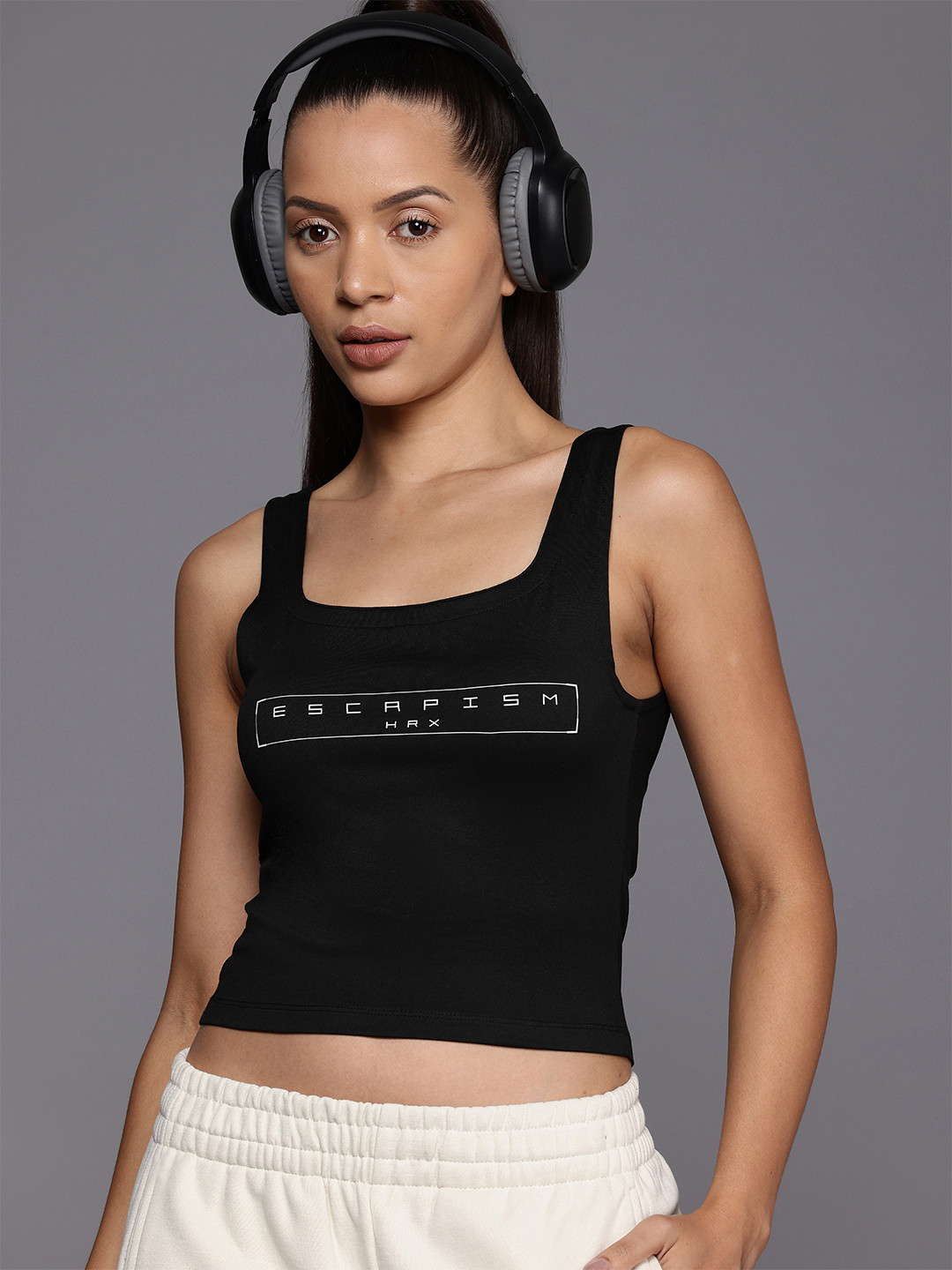 

HRX by Hrithik Roshan Lifestyle Printed Square Neck Crop Top, Black