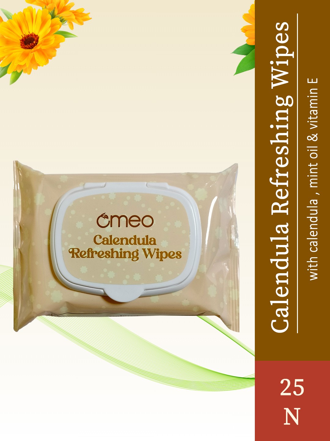 

Omeo Calendula Mint Oil & Vitamin E Infused Refreshing Wet Wipes- 25 Wipes, Beige