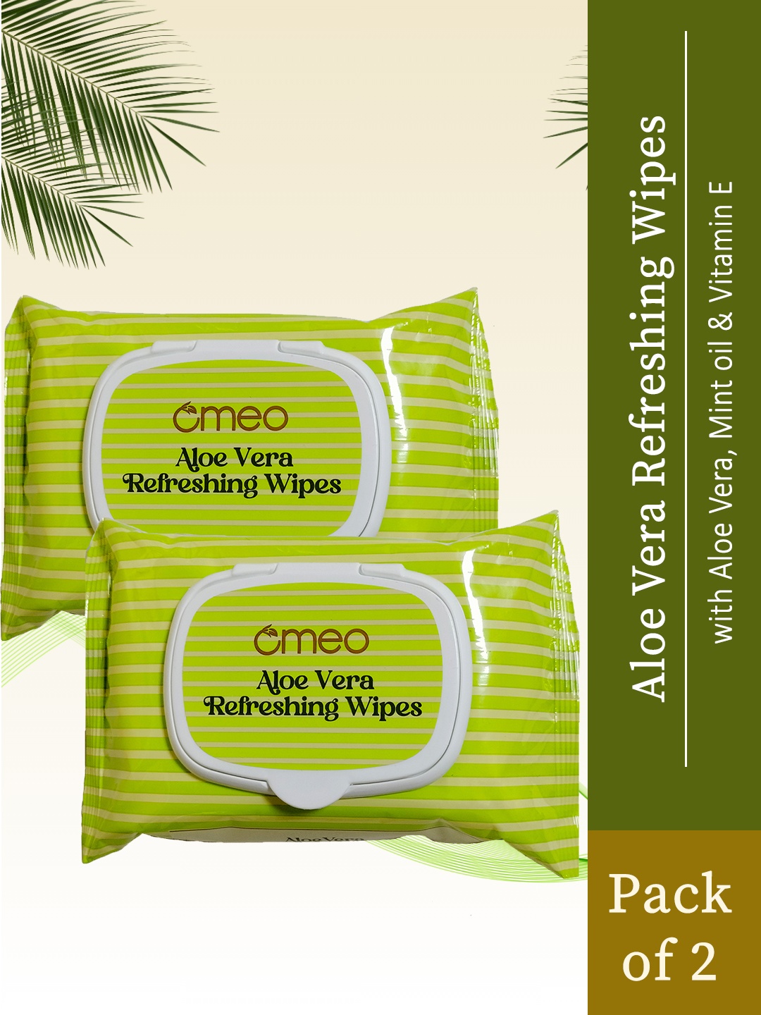 

Omeo Set Of 2 Aloe Vera Vitamin E & Mint Oil Infused Refreshing Wipes- 25 Wipes Each, Green