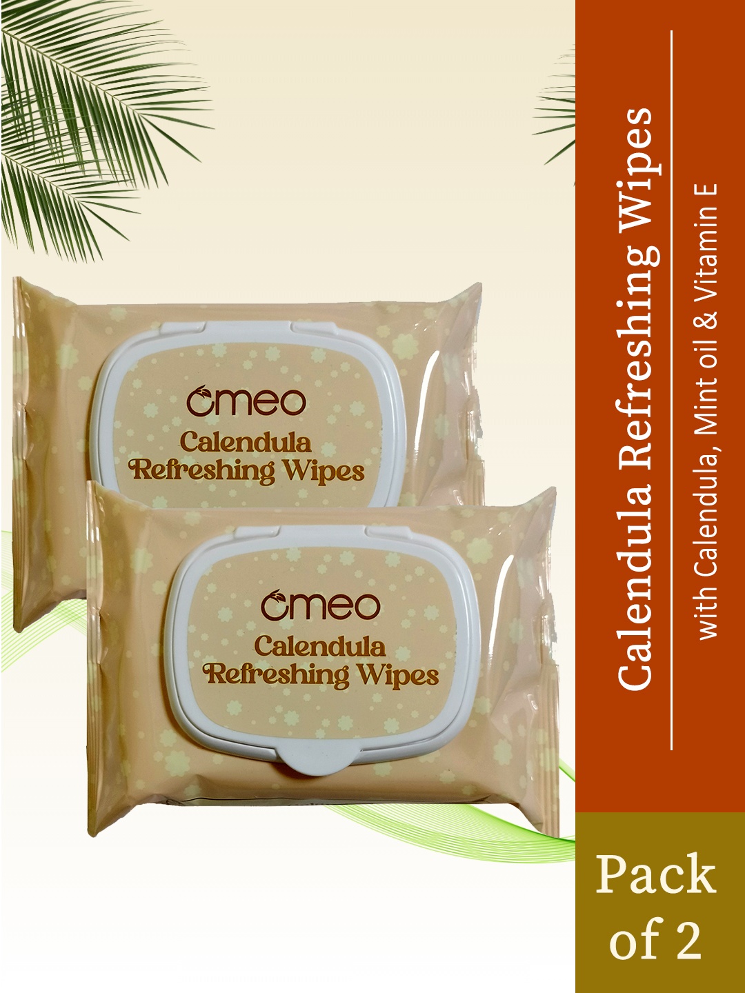 

Omeo Set Of 2 Calendula Mint Oil & Vitamin E Enriched Refreshing Wipes- 25 Wipes Each, Tan