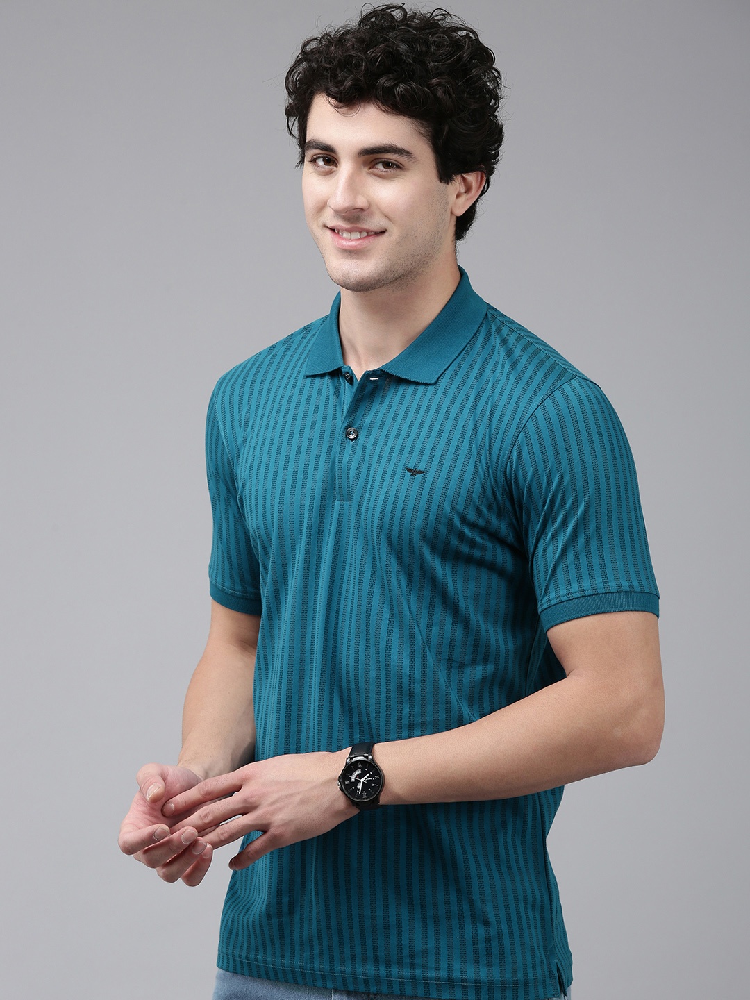 

Park Avenue Self Designed Polo Collar Pure Cotton Slim Fit T-shirt, Blue