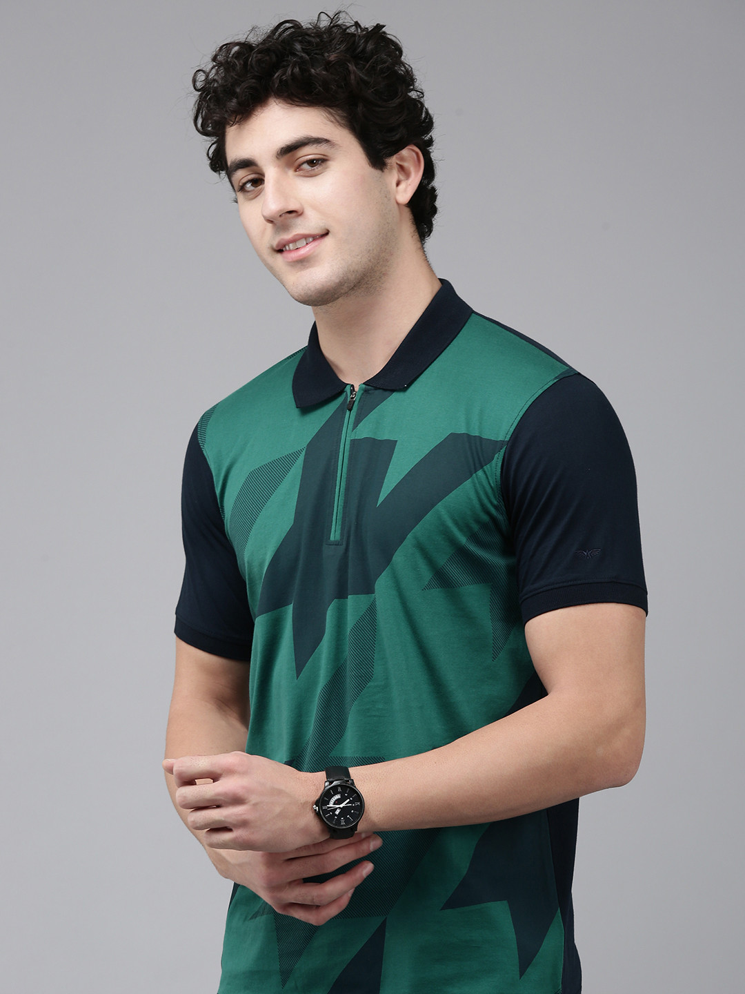 

Park Avenue Geometric Printed Polo Collar Pure Cotton Slim Fit T-shirt, Green