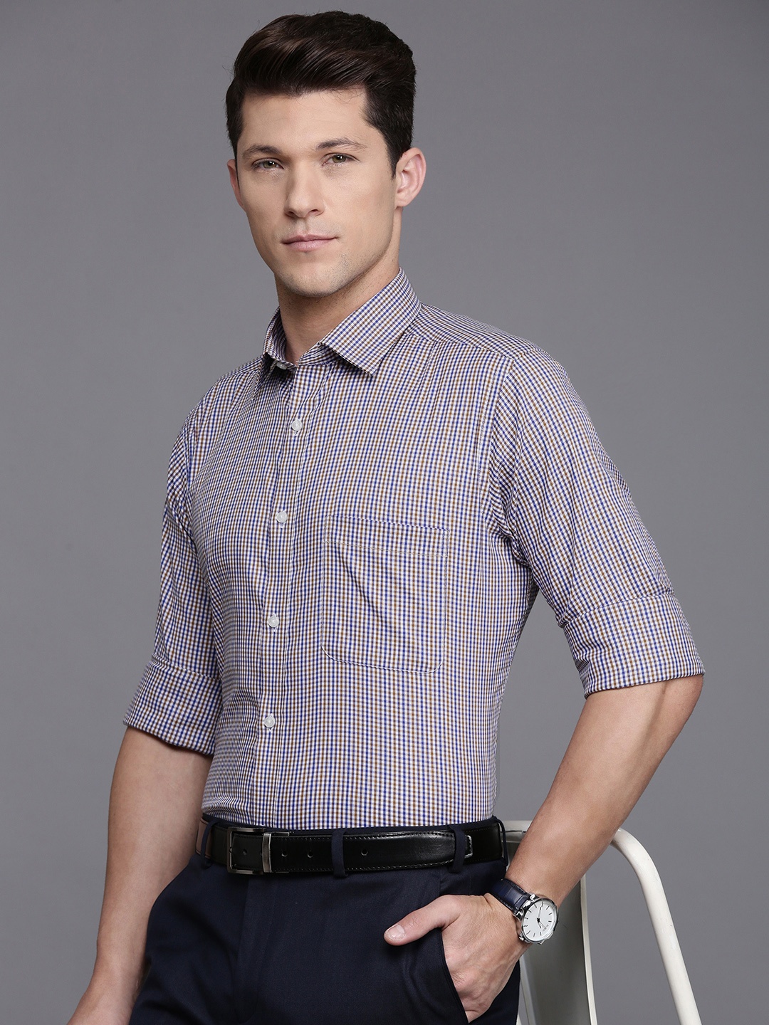 

Raymond Slim Fit Micro Checks Opaque Formal Shirt, Blue