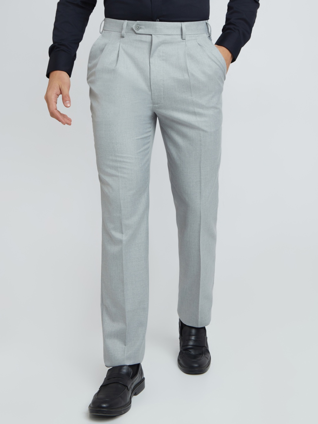 

Raymond Men Checked Comfort Fit High-Rise Formal Trousers, Grey