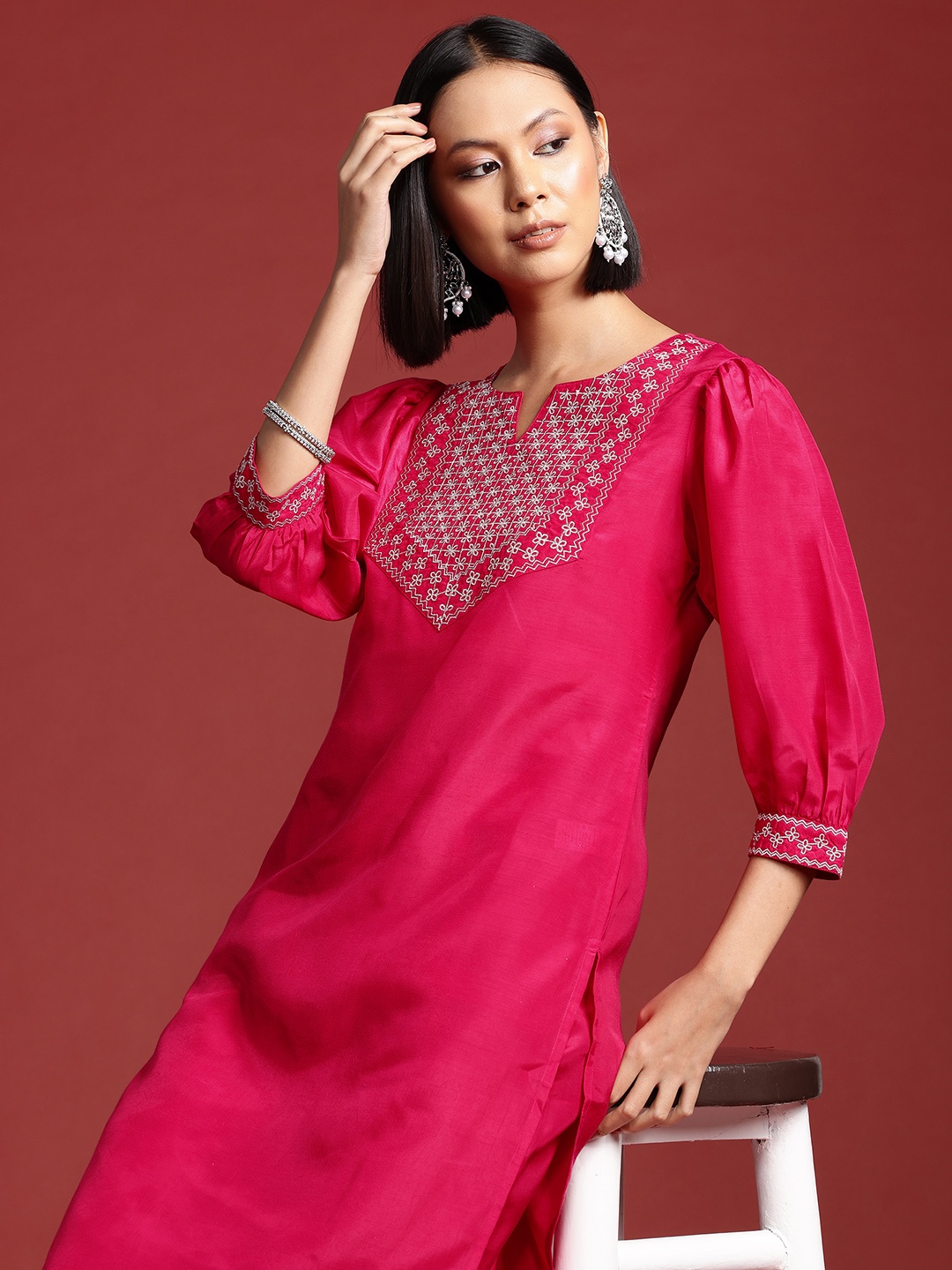 

all about you Ethnic Motifs Yoke Design Thread Work Kurta with Trousers, Pink