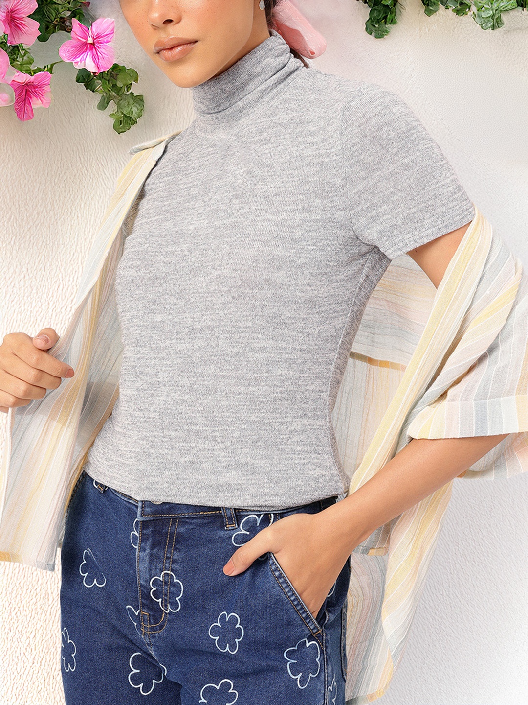 

DressBerry High Neckline Chic Ribbed Top, Grey