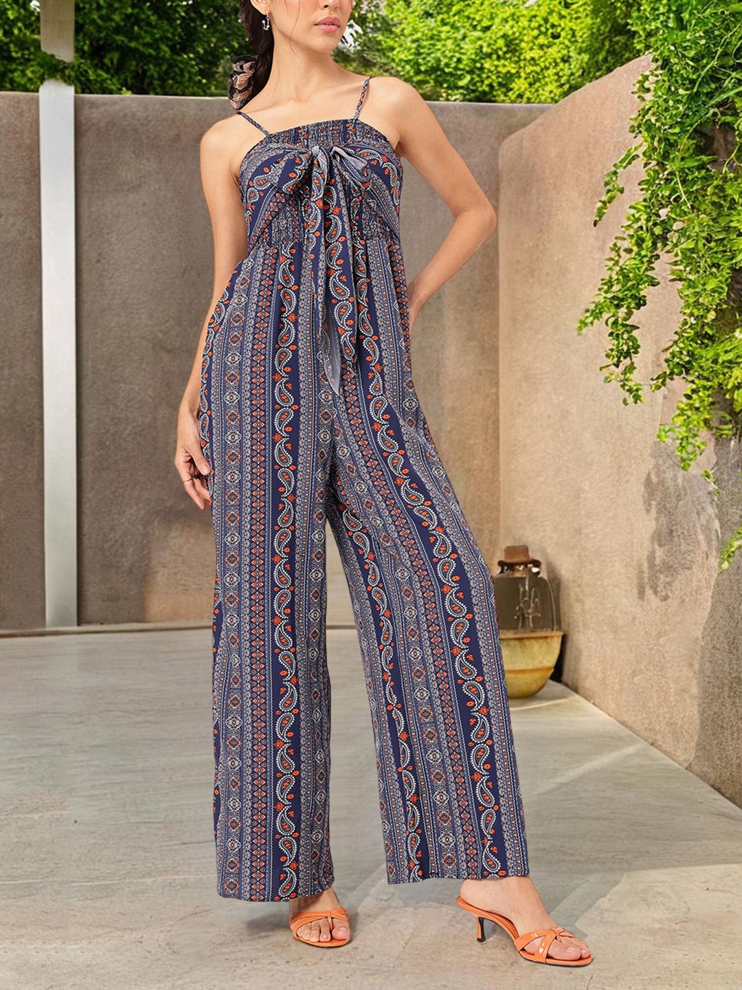 

DressBerry Classic Cool Ethnic Printed Shoulder Straps Tie-Up Jumpsuit, Blue