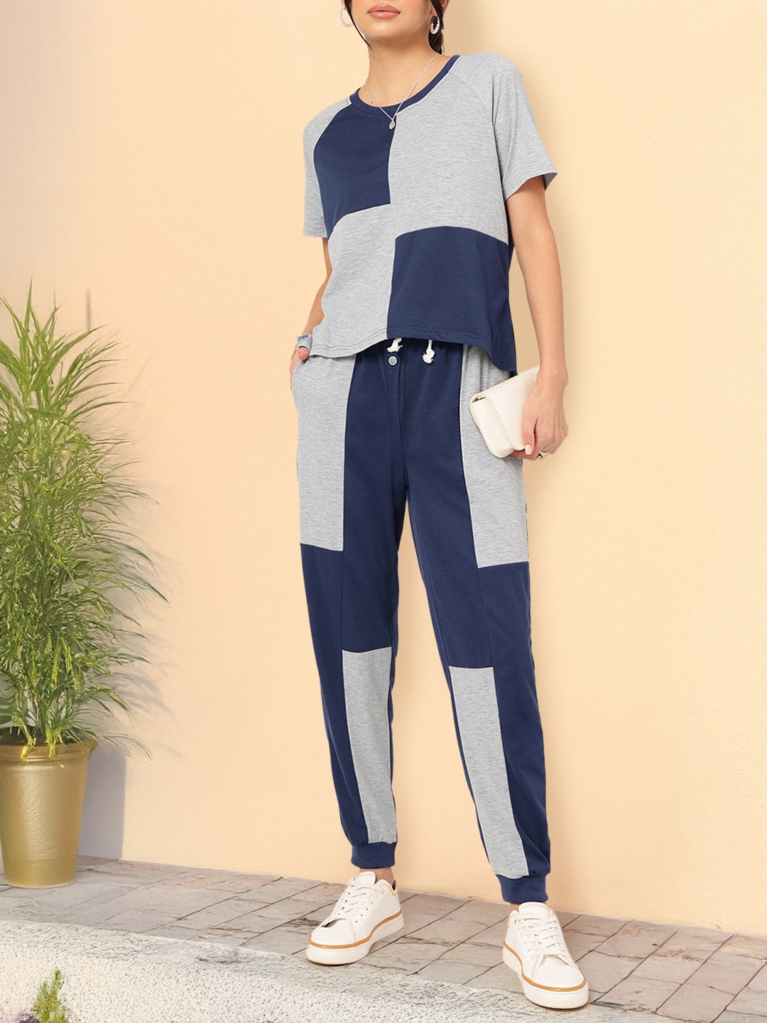 DressBerry Vibe Shift Colorblock Raglan Ease Co-Ord Set, Grey melange