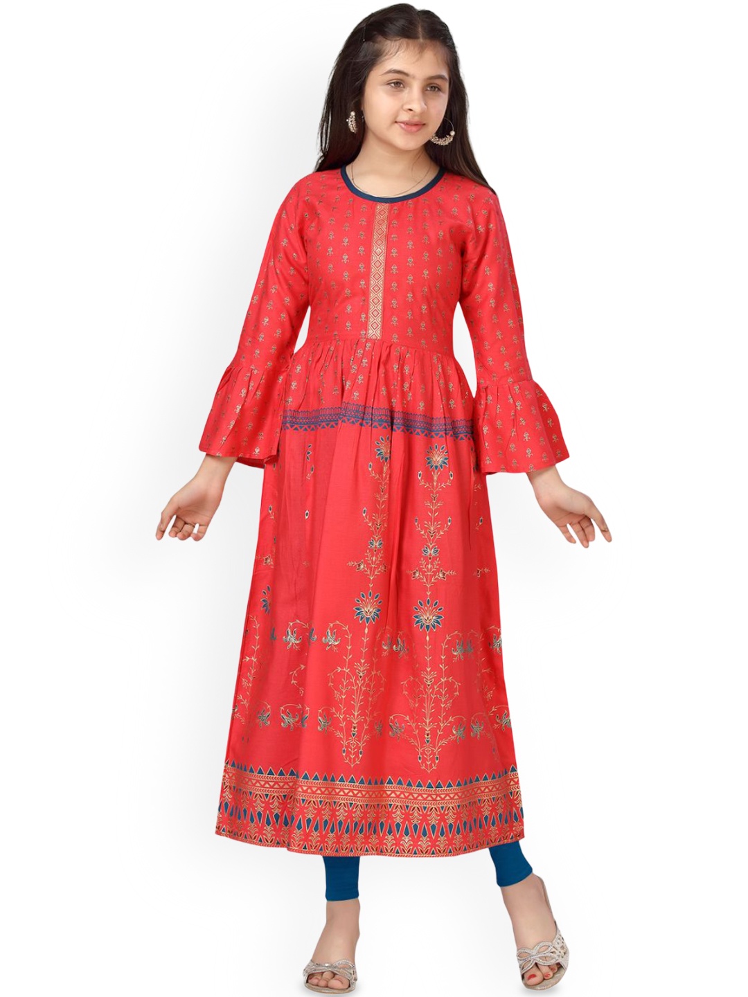 

BAESD Girls Floral Printed Flared Sleeves Gotta Patti Anarkali Kurta, Red