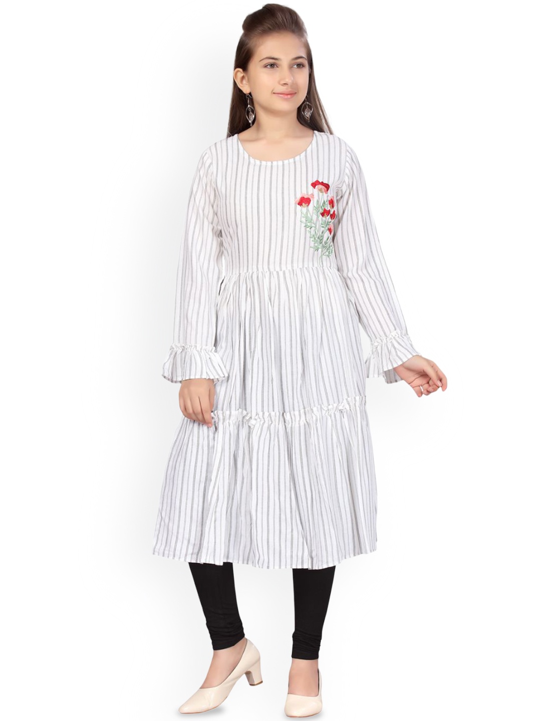 

BAESD Girls Striped Flared Sleeves Thread Work Kurta, Grey