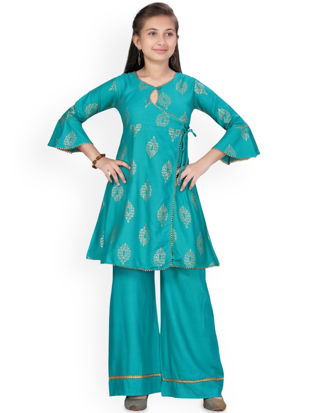 

BAESD Girls Ethnic Motifs Printed Angrakha Gotta Patti Pure Cotton Kurta with Palazzos, Green