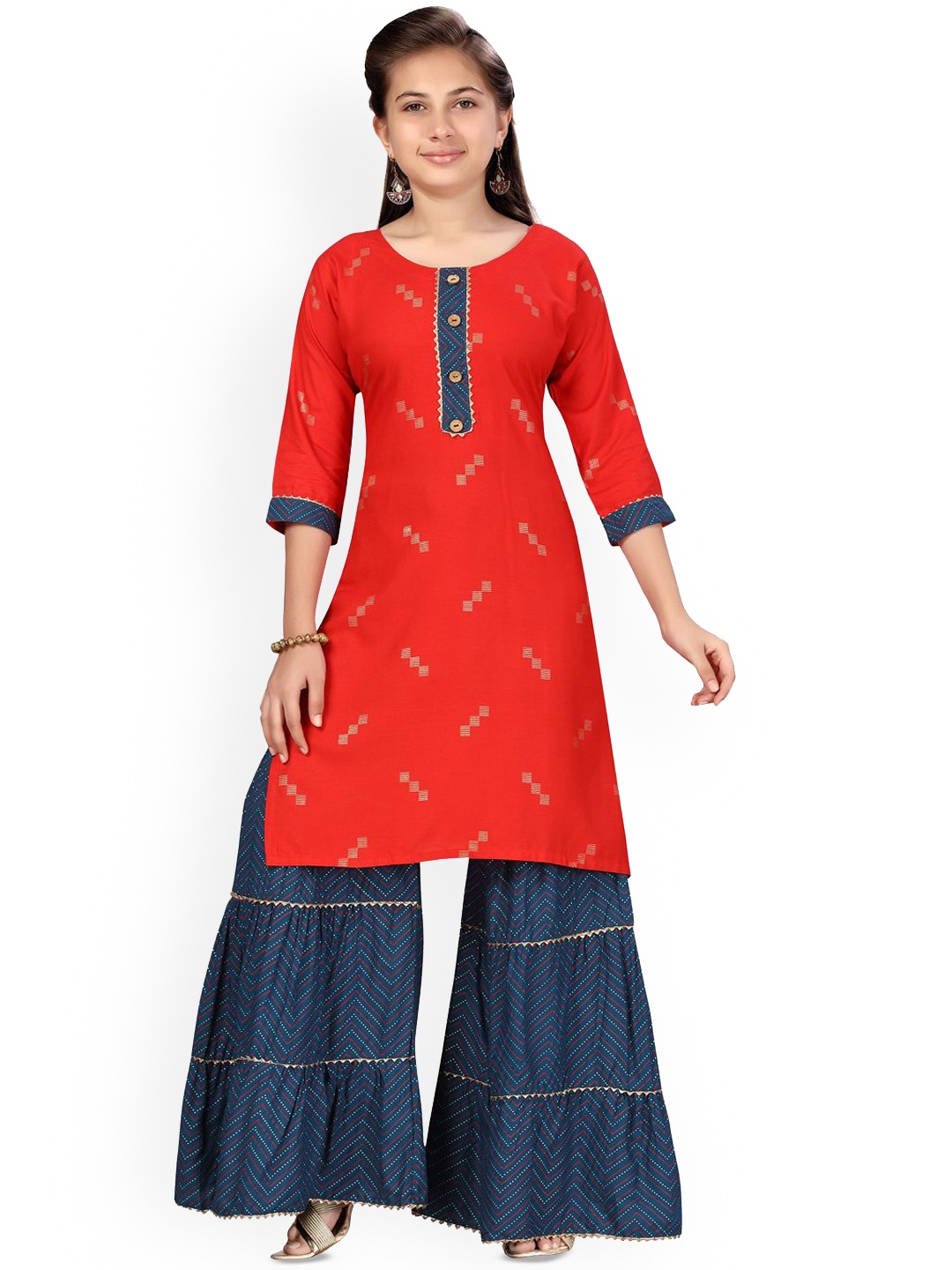 

BAESD Girls Printed Regular Gotta Patti Pure Cotton Kurta with Sharara, Red