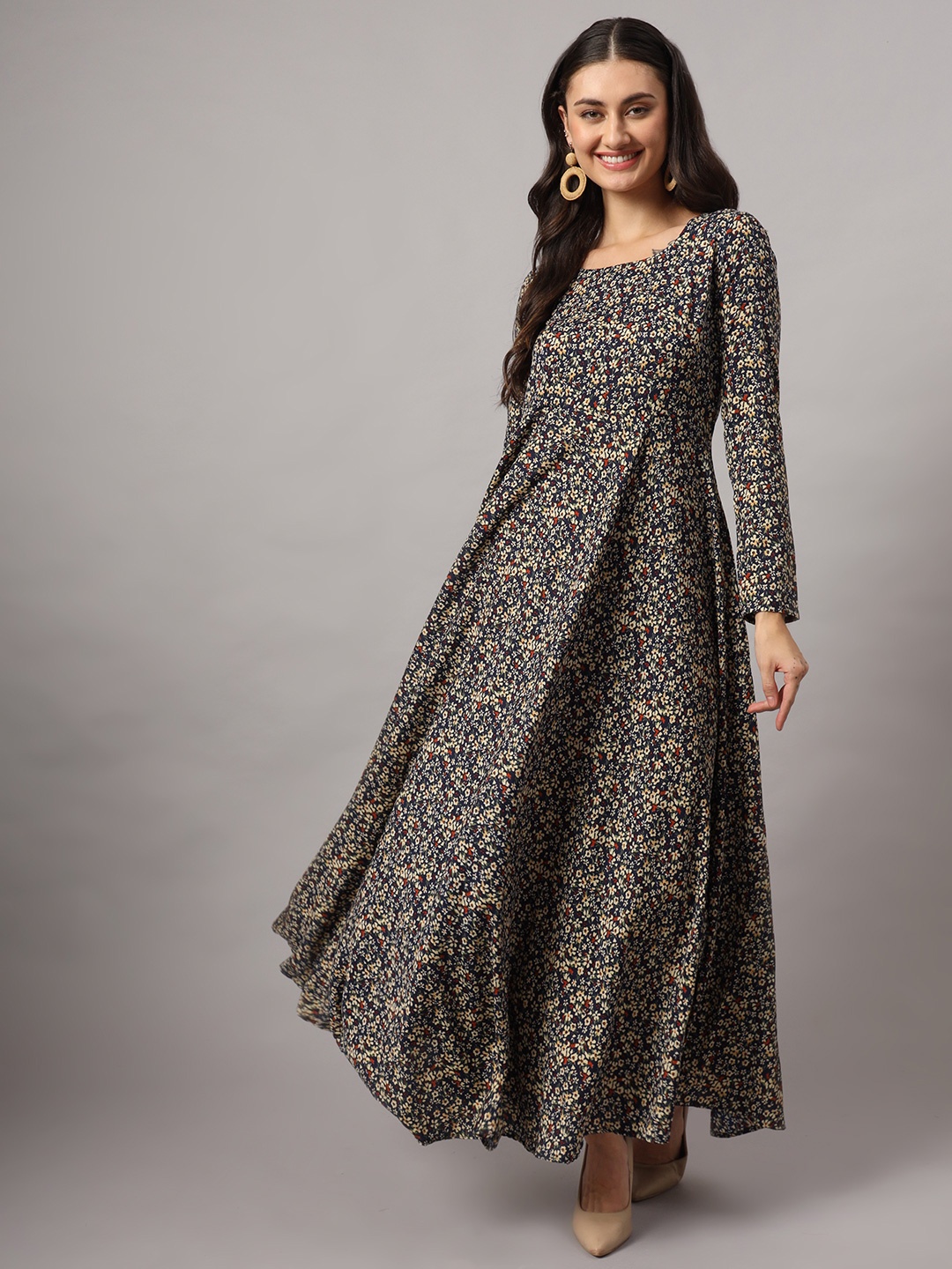 

DHAKRE FASHION Women Geometric Printed Flared Sleeves Floral Crepe Anarkali Kurta, Navy blue