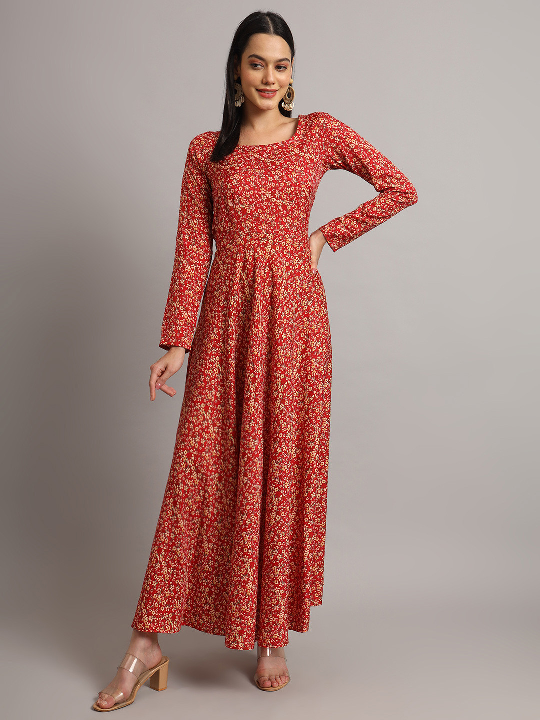 

DHAKRE FASHION Women Ethnic Motifs Printed Mirror Work Floral Crepe Anarkali Kurta, Red