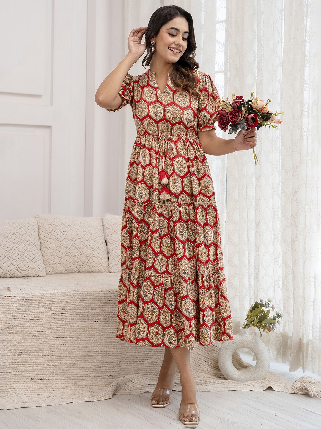 

Nayo Floral Print Puff Sleeve Crepe Fit & Flare Midi Dress, Red
