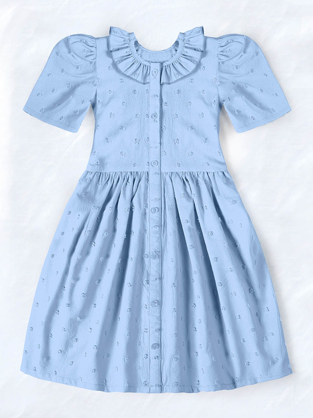 

OMPAX Print Puff Sleeve Fit & Flare Dress, Blue