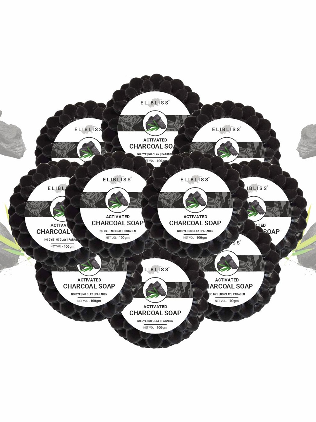 

ELIBLISS Set Of 10 Activated Charcoal Soap- 100gm Each, Black