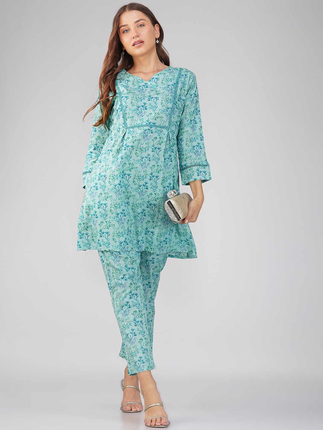 

Bindigasm Printed Pure Cotton Three Quarter Sleeve Tunic & Trouser Co-Ords, Blue