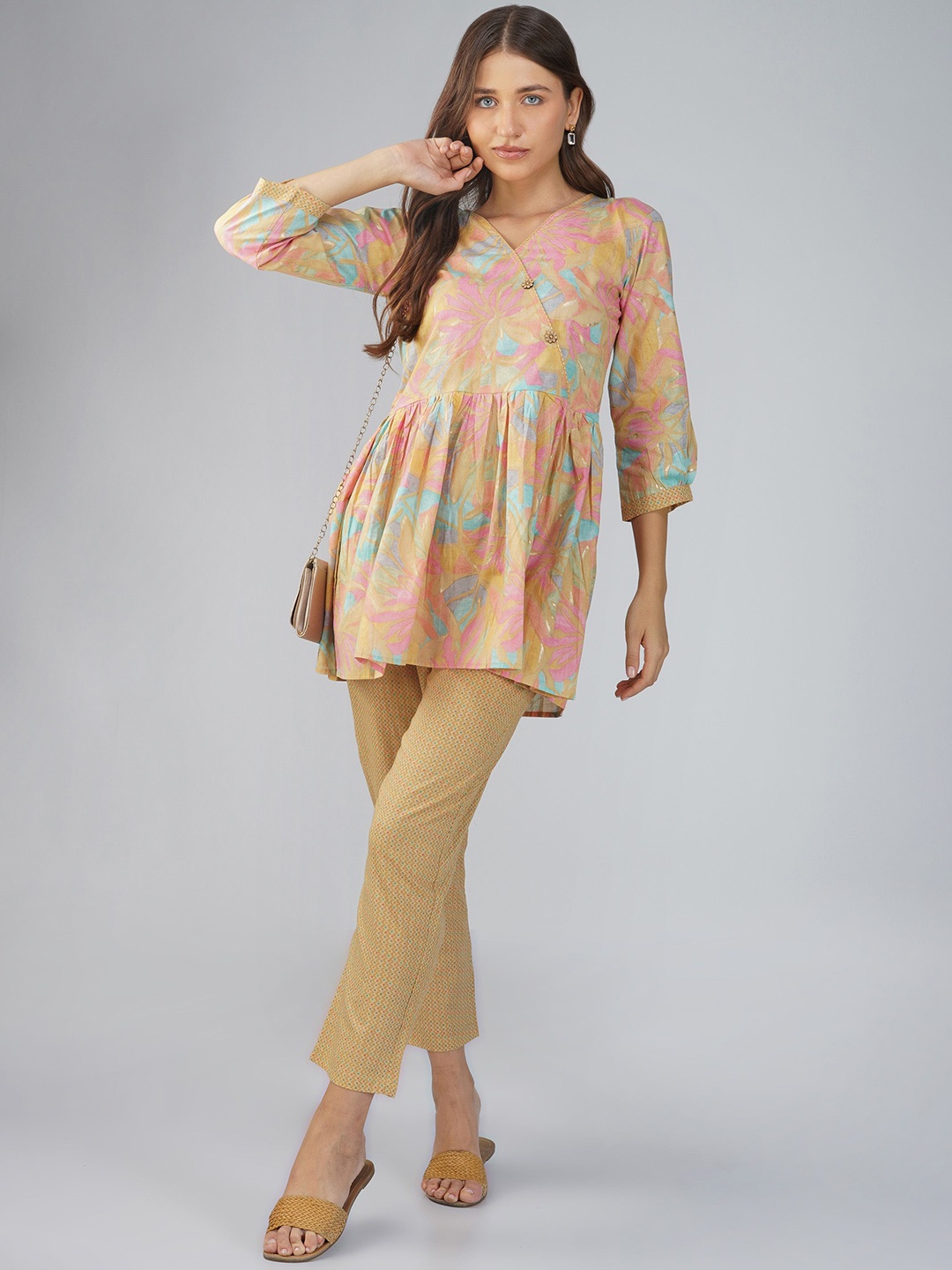 

Bindigasm Printed Peplum Top With Trousers Co-Ords, Beige
