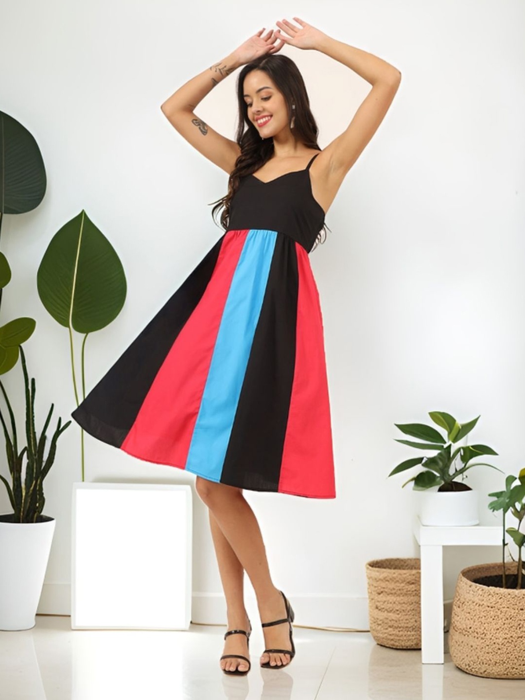 

CHARMGAL Colourblocked Fit & Flare Dress, Black