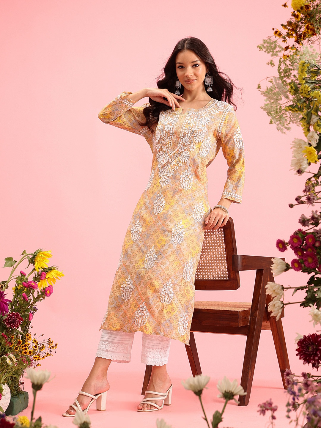 

ADA Women Floral Printed Flared Sleeves Sequinned Kurta, Yellow