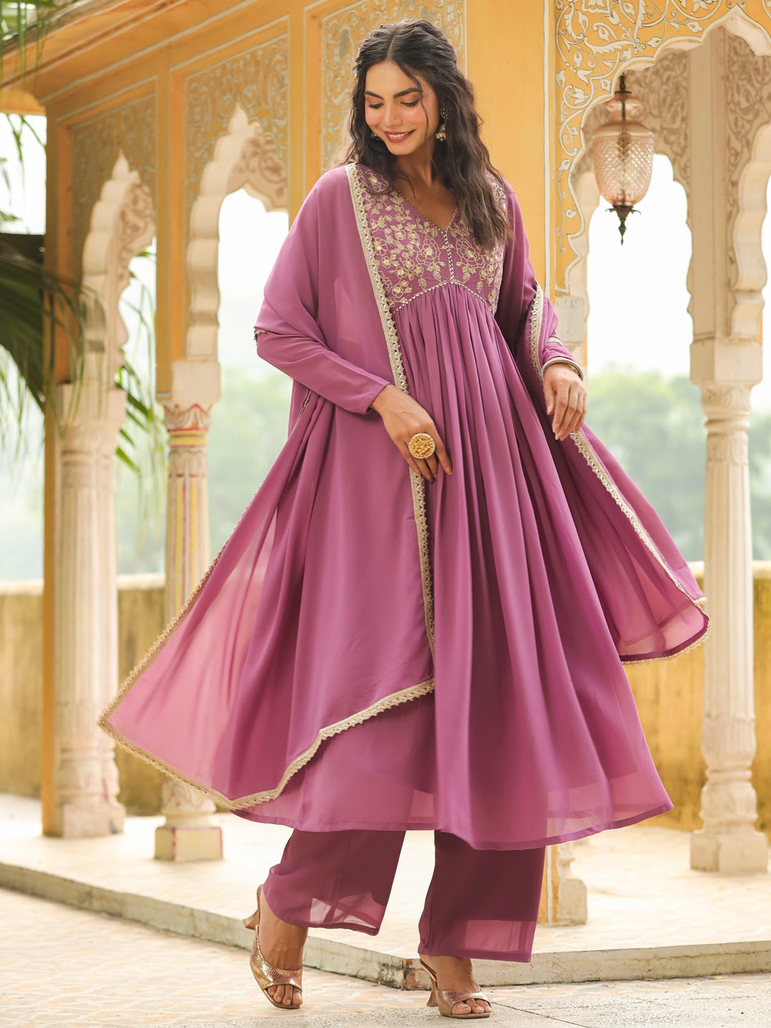 

Janasya Floral Embroidered V-Neck Sequinned Georgette A-Line Kurta with Palazzo & Dupatta, Lavender