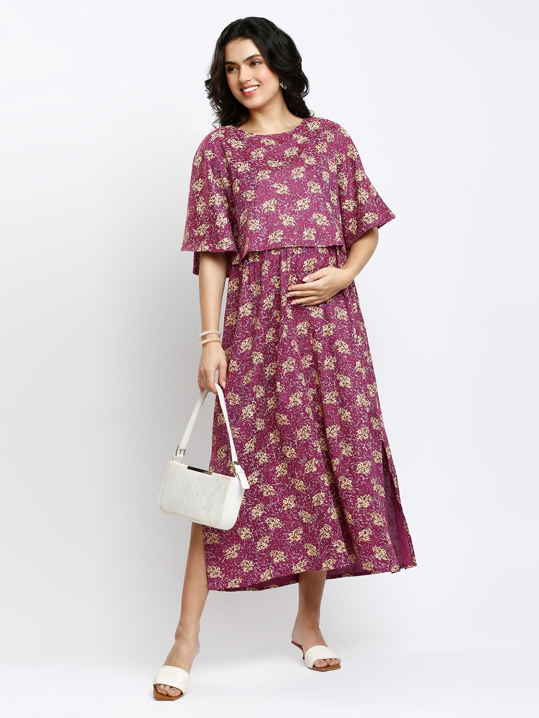 

DUMMY SHAPE Women Maternity Maxi Dress With Attached Feeding Cape Cover, Purple