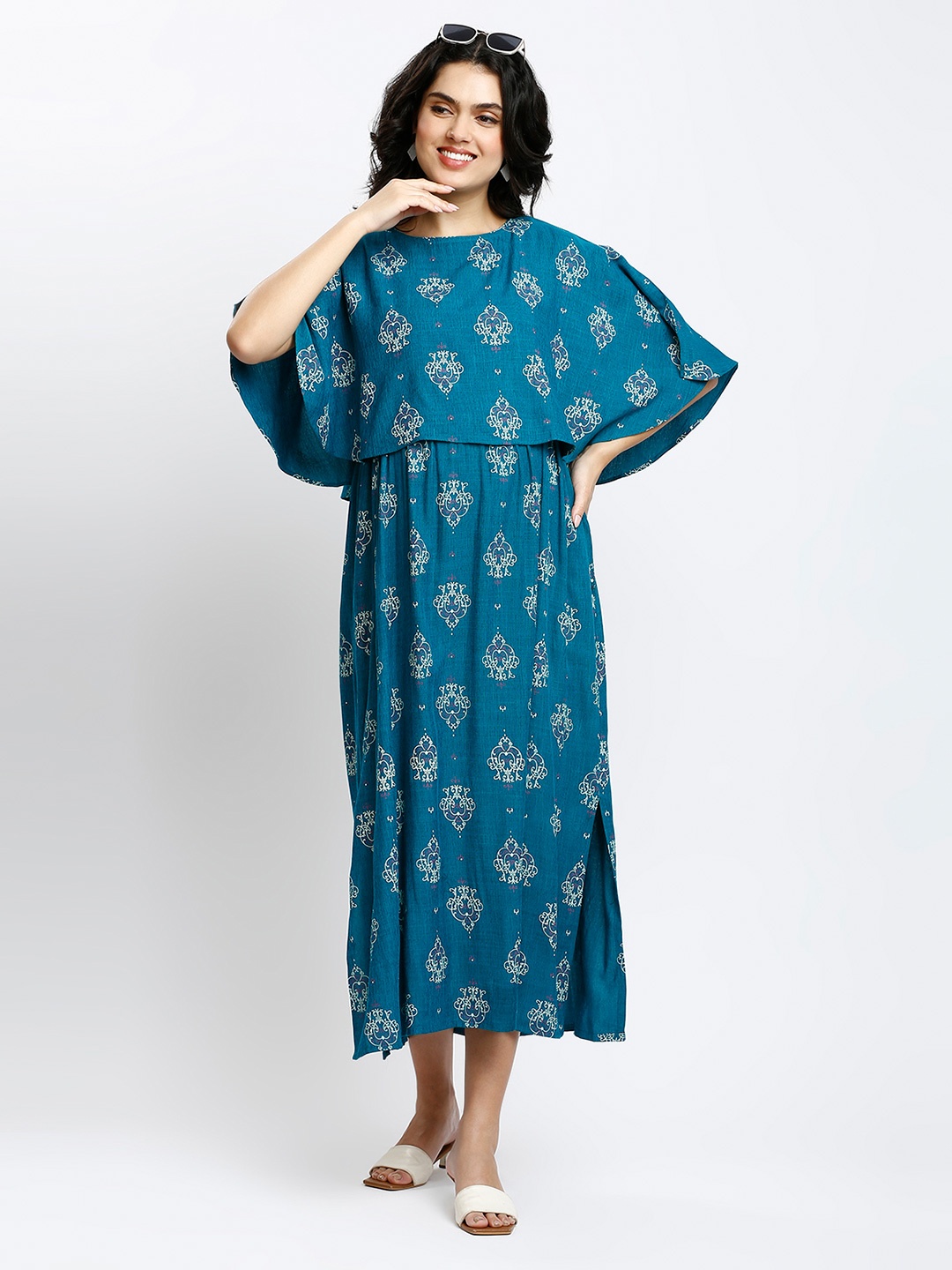 

DUMMY SHAPE Women Maternity Maxi Dress With Attached Feeding Cape Cover, Teal