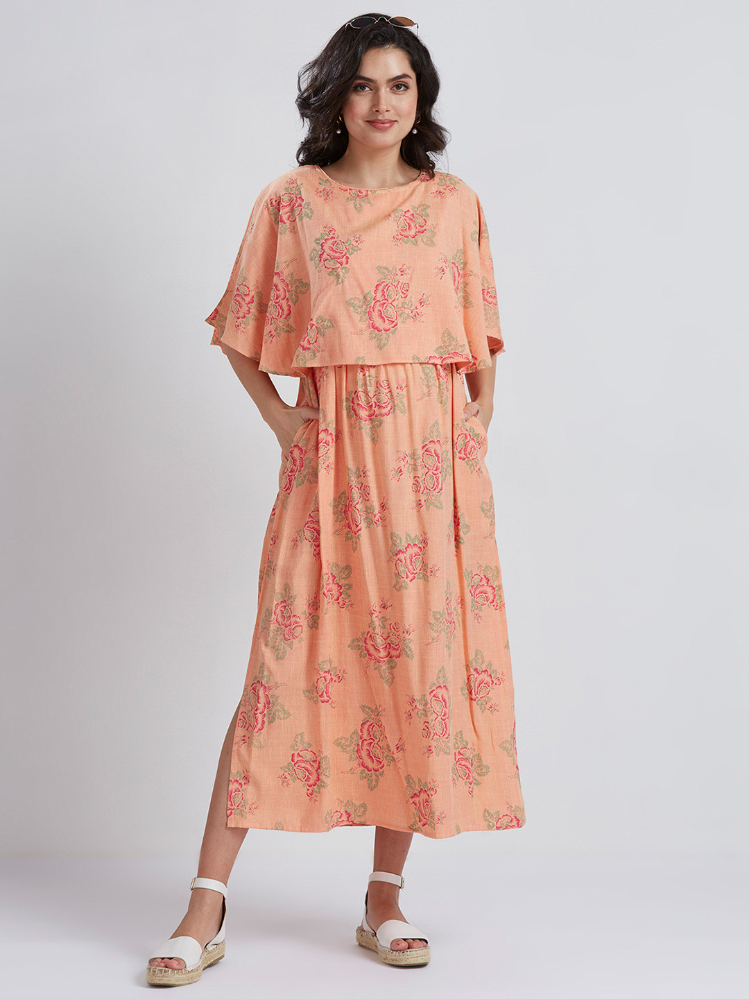 

DUMMY SHAPE Women Maternity Maxi Dress With Attached Feeding Cape Cover, Peach