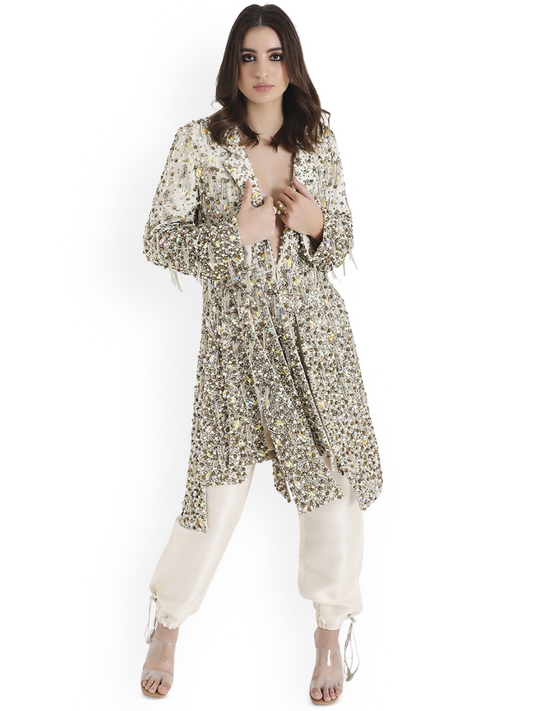 

Payal Singhal Women Floral Lightweight Longline Open Front Jacket, Off white