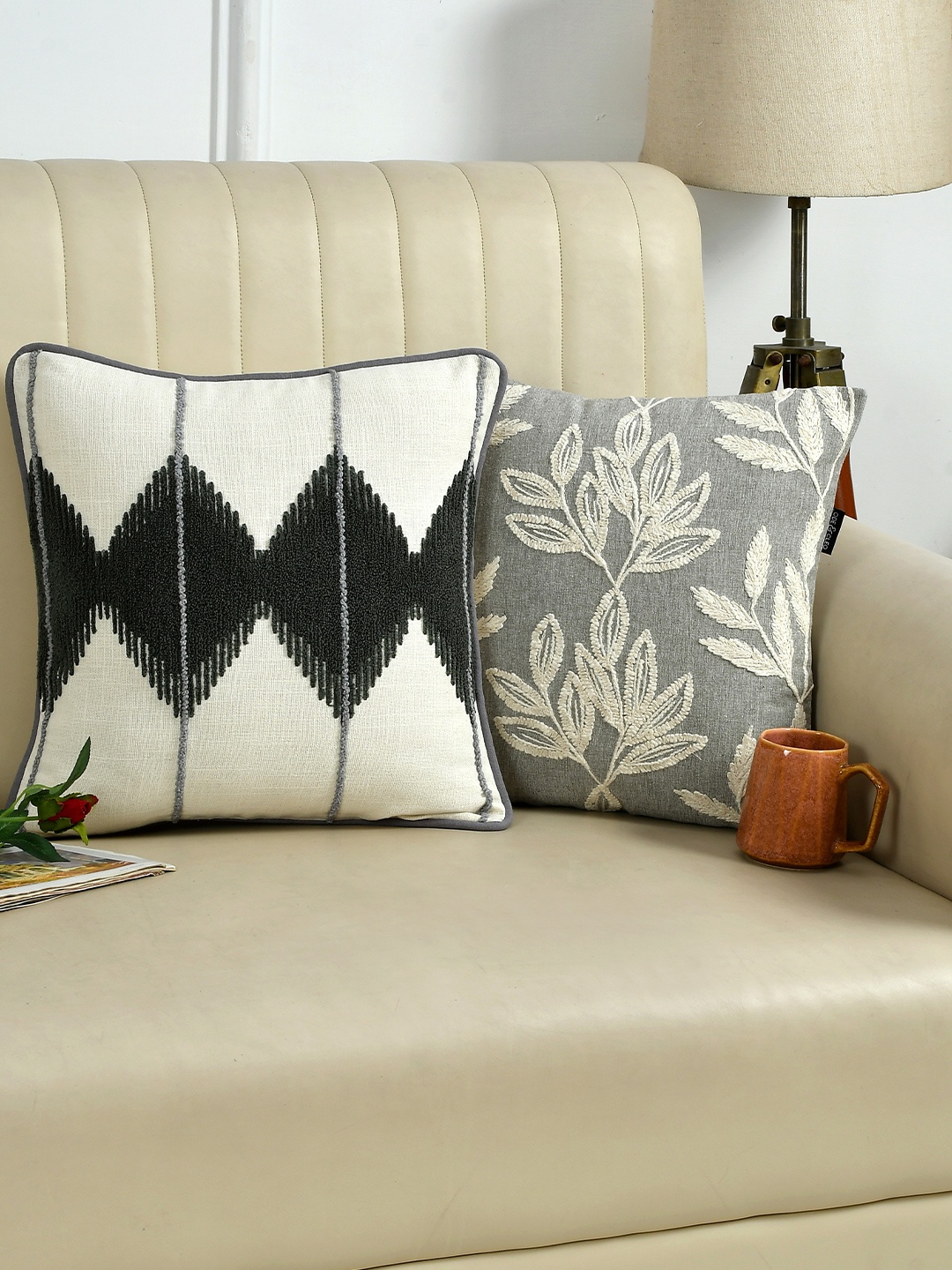 

Ode & Cleo Grey & White 2 Pieces Cotton Embroidered Square Cushion Covers