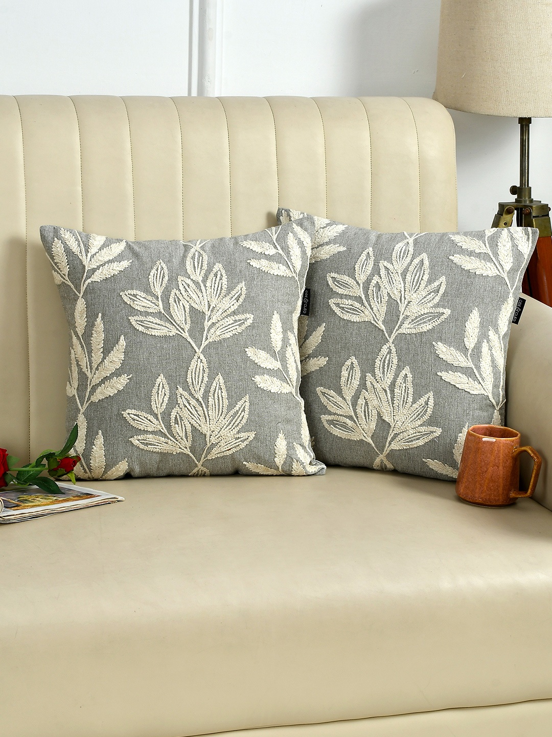 

Ode & Cleo Grey & Off White 2 Pieces Embroidered Square Cushion Covers