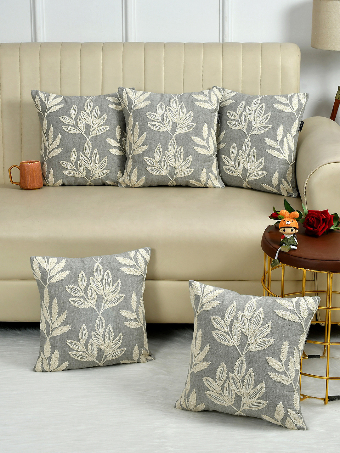 

Ode & Cleo Grey & Off White 5 Pieces Embroidered Cotton Square Cushion Covers