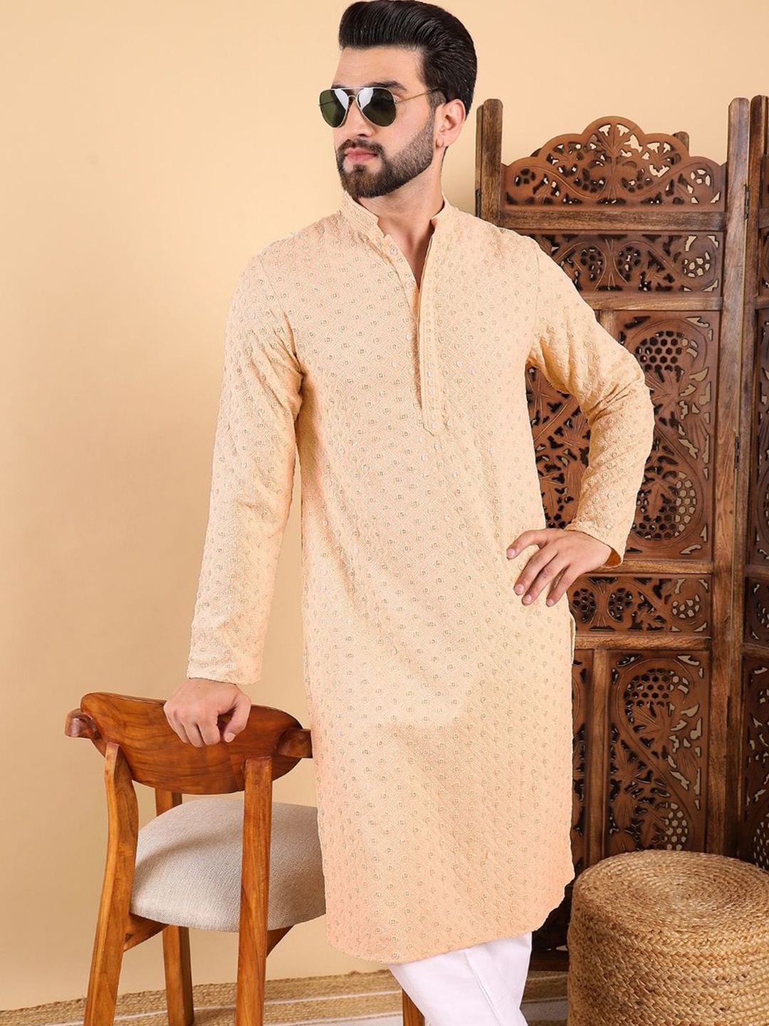 

Ethnic Bay Men Ethnic Motifs Printed Kurta, Cream