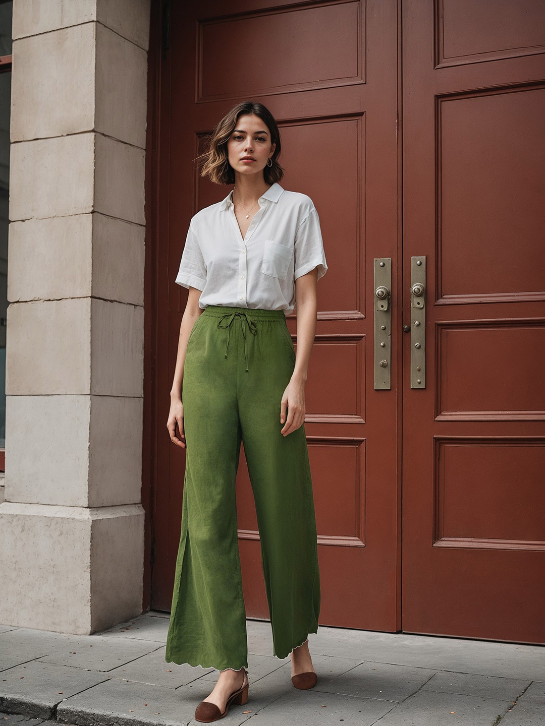 

H&M Women Solid Mid Rise Flared Casual Trousers, Green