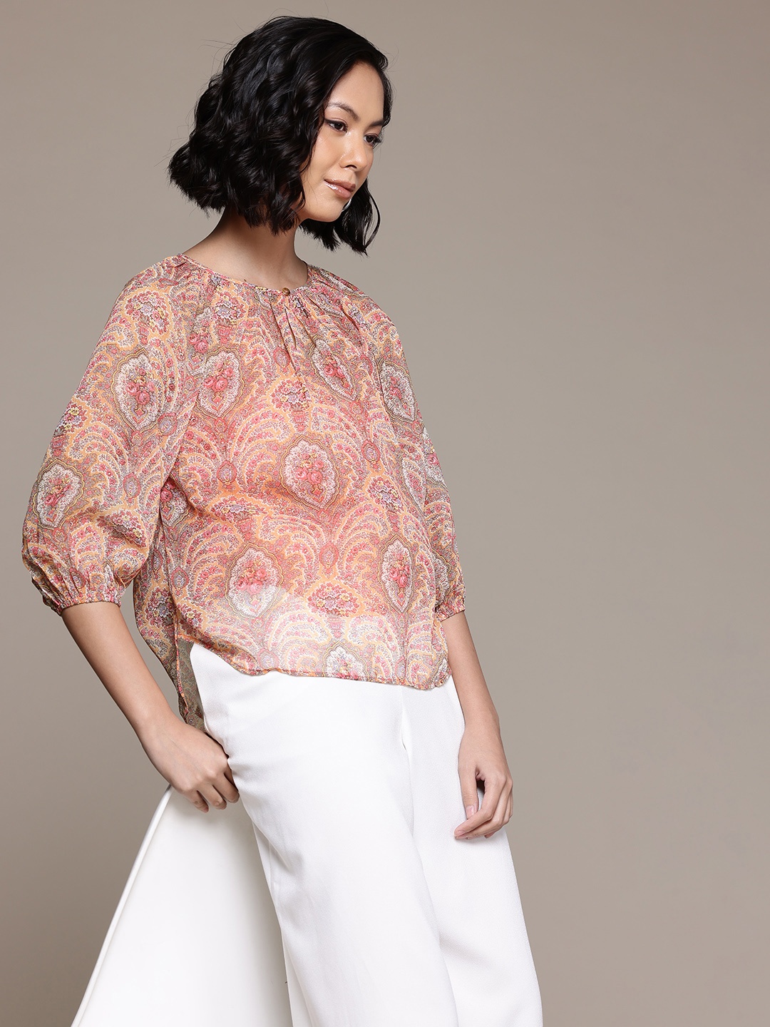 

aarke Ritu Kumar Ethnic Print Puff Sleeves Chiffon Top, Peach