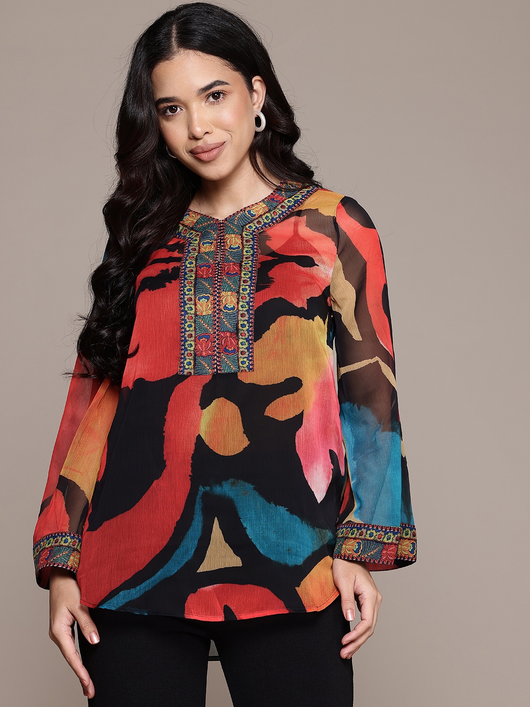 

aarke Ritu Kumar Abstract Printed Keyhole Neck Flared Sleeve Chiffon Top, Black