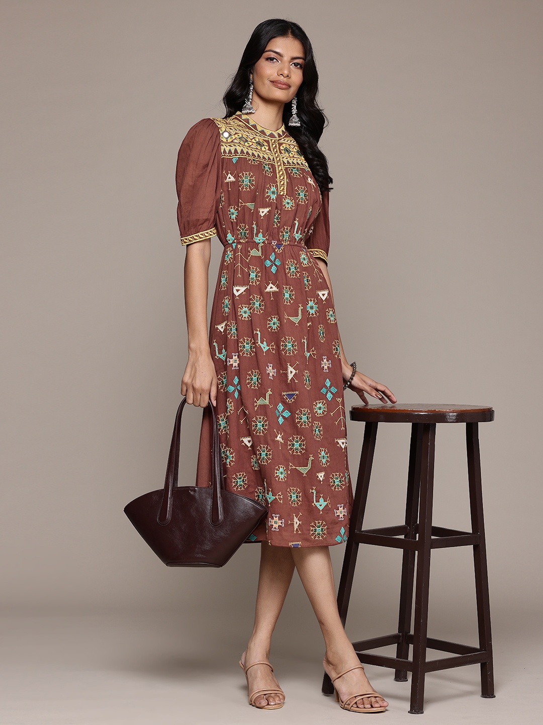 

aarke Ritu Kumar Ethnic Motifs Embroidered Puff Sleeve A-Line Midi Dress, Brown