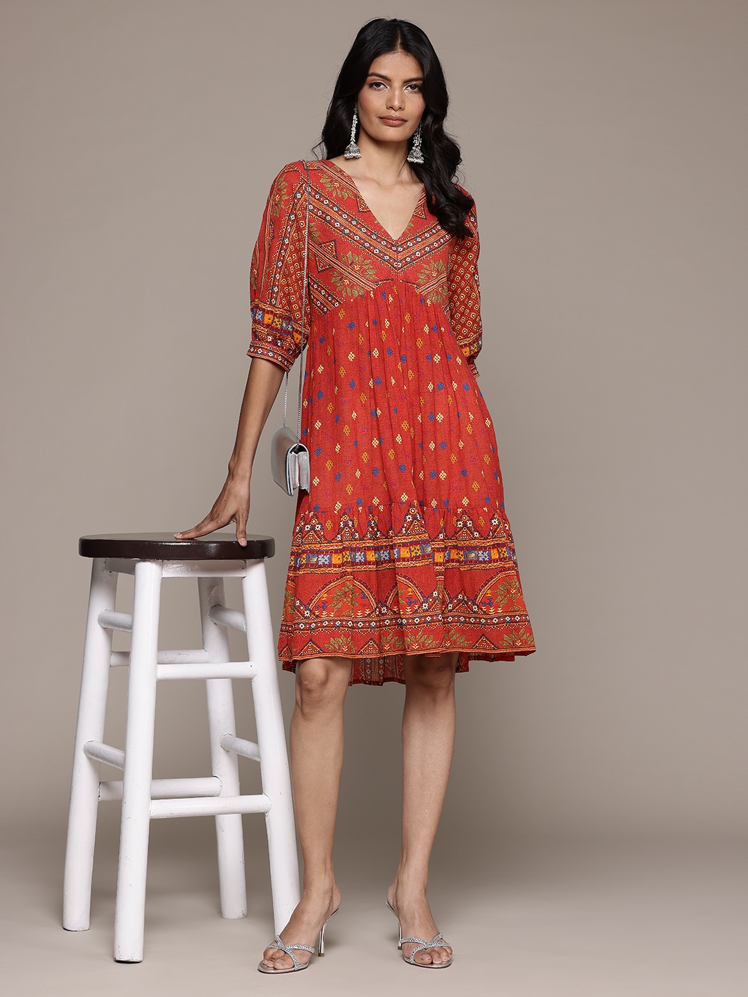 

aarke Ritu Kumar Ethnic Motifs Print Puff Sleeve A-Line Dress, Rust