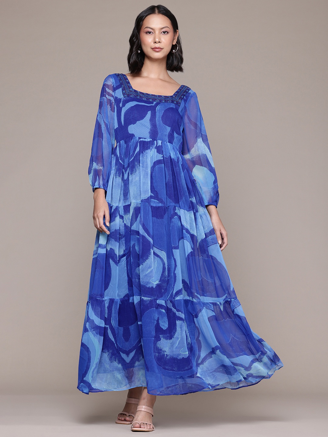 

aarke Ritu Kumar Abstract Printed Chiffon Fit & Flare Maxi Dress, Blue