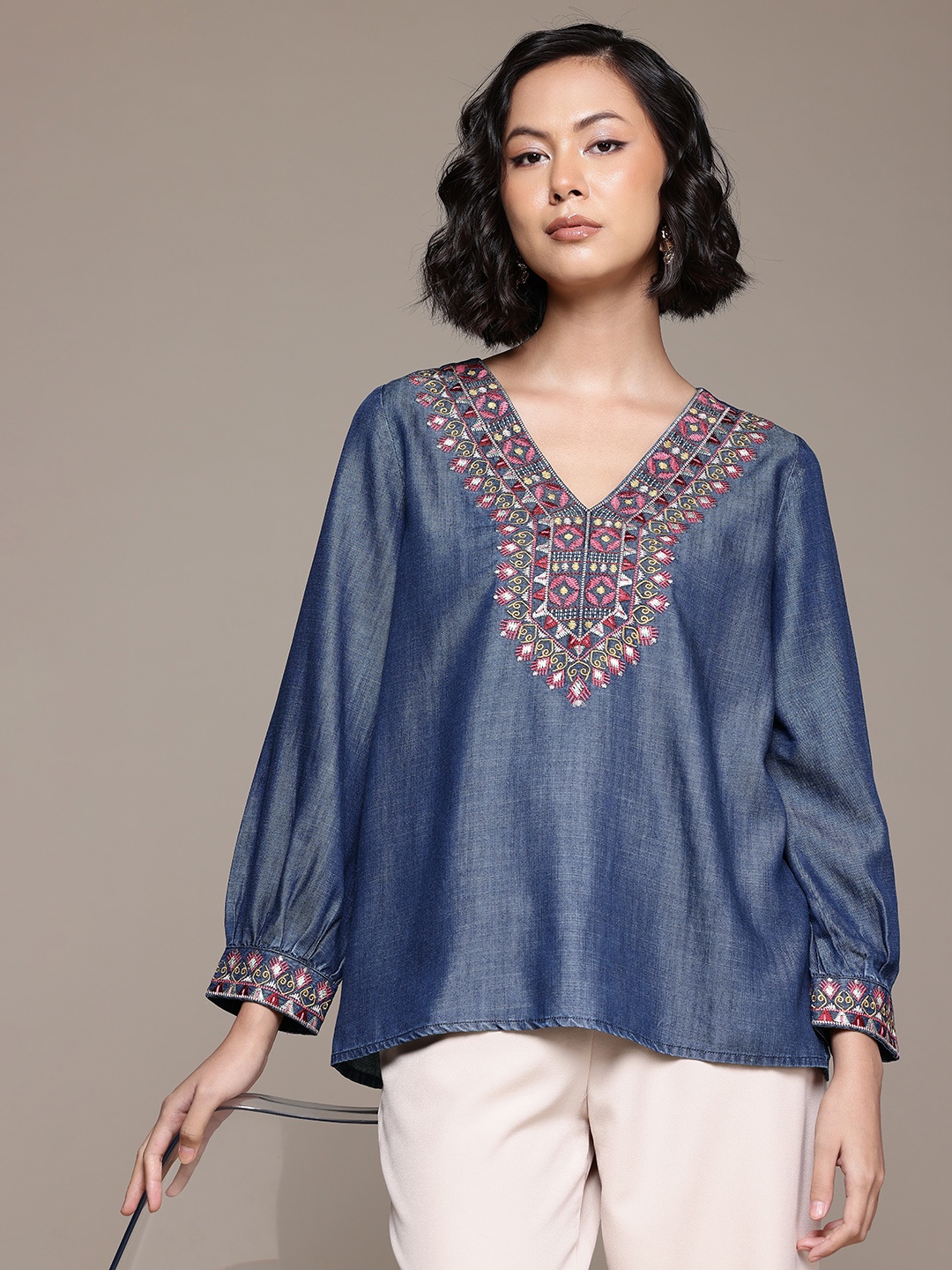 

aarke Ritu Kumar Geometric Embroidered Puff Sleeves Cotton Denim Top, Navy blue