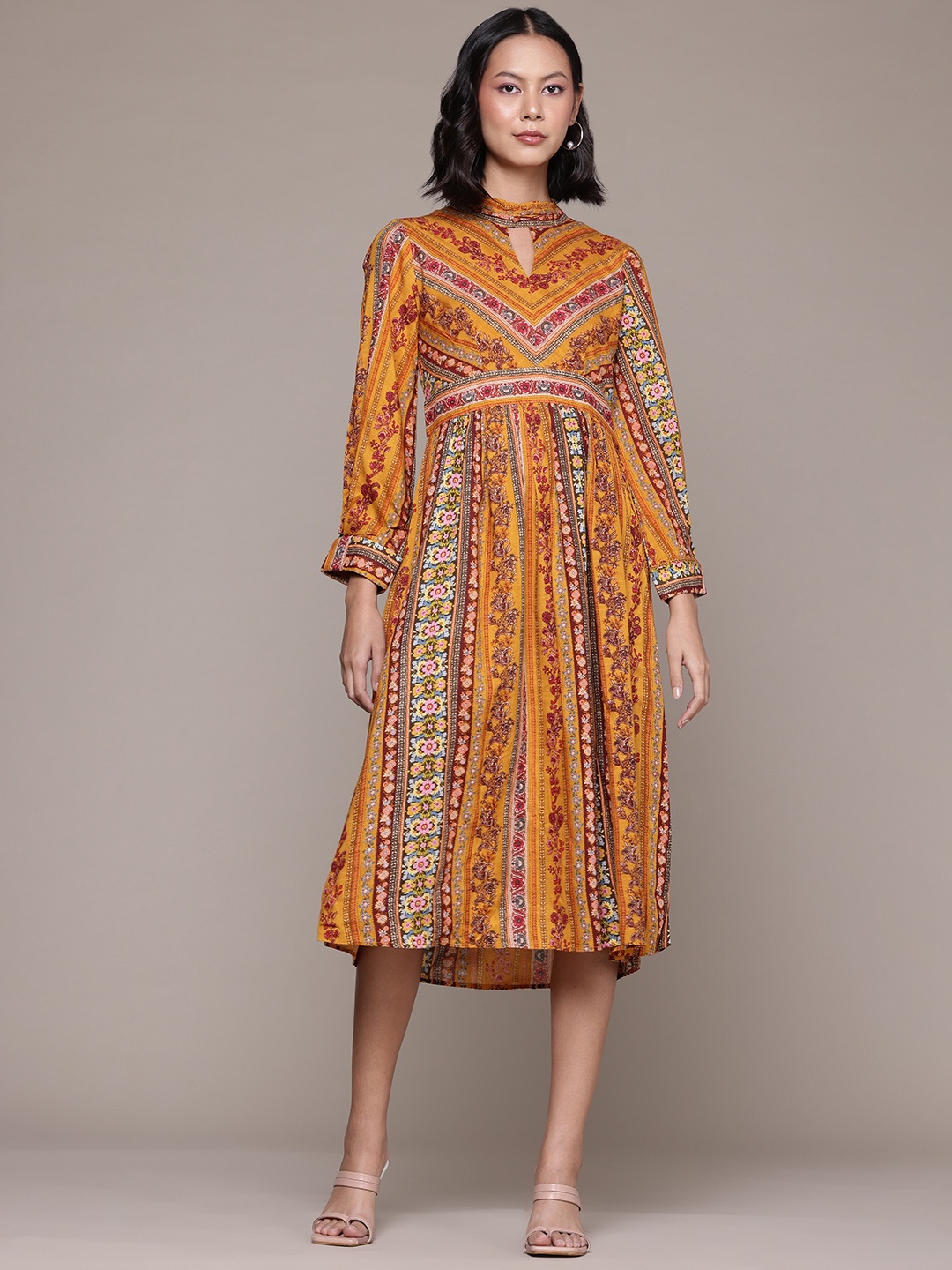 

aarke Ritu Kumar Floral Striped Keyhole Neck A-Line Midi Dress, Mustard
