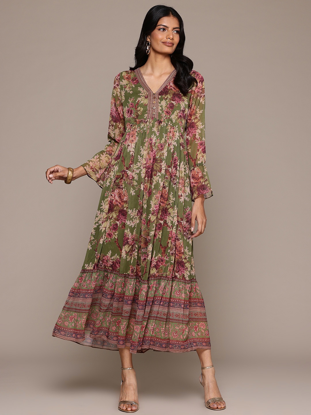 

aarke Ritu Kumar Floral Print Puff Sleeve Chiffon Fit & Flare Maxi Dress, Green