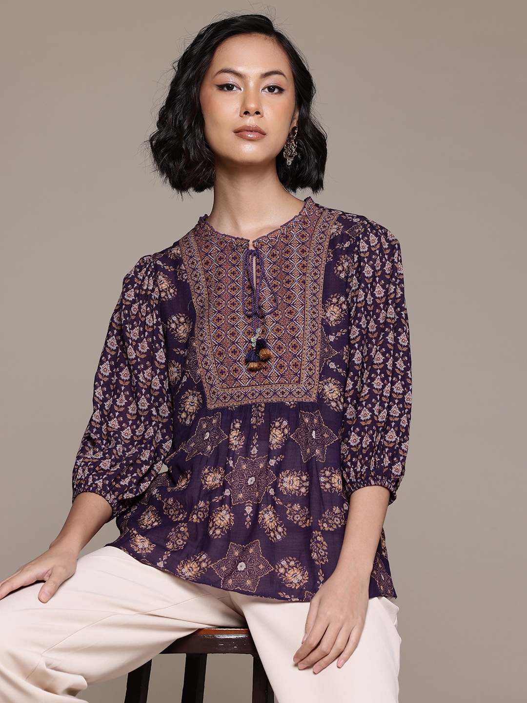 

aarke Ritu Kumar Floral Print Tie-Up Neck Puff Sleeves Georgette Top, Purple