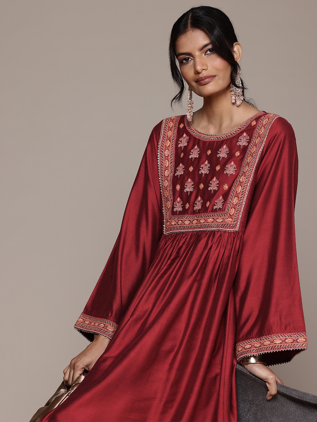 

aarke Ritu Kumar Ethnic Motifs Embroidered A-Line Dress, Red